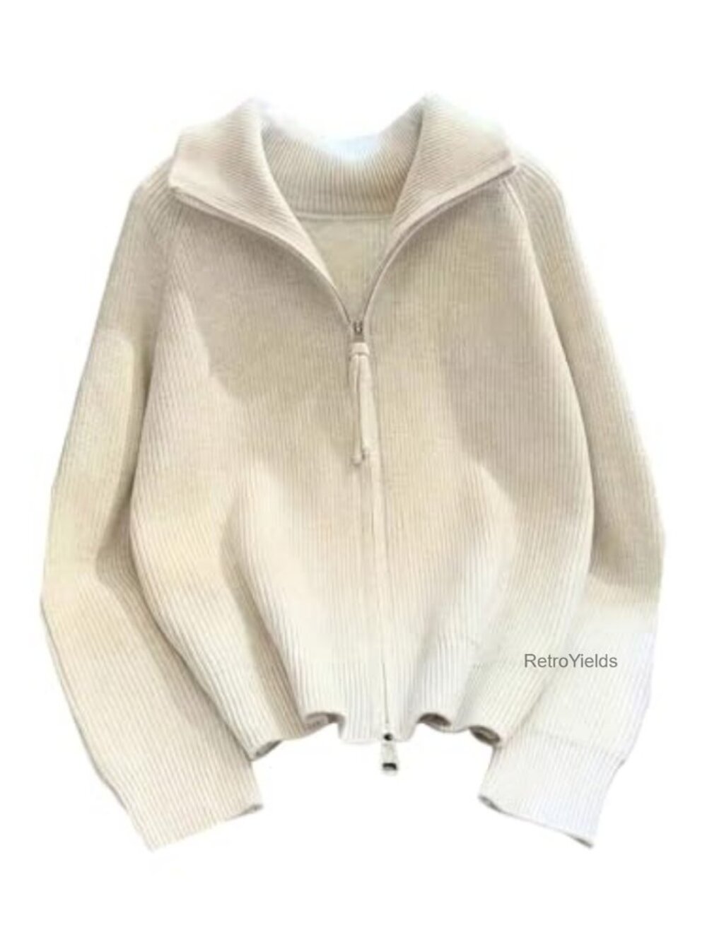 Ribbed Knit Zip Up Fuzzy Cardigan Long Sleeve High Neck Sweater